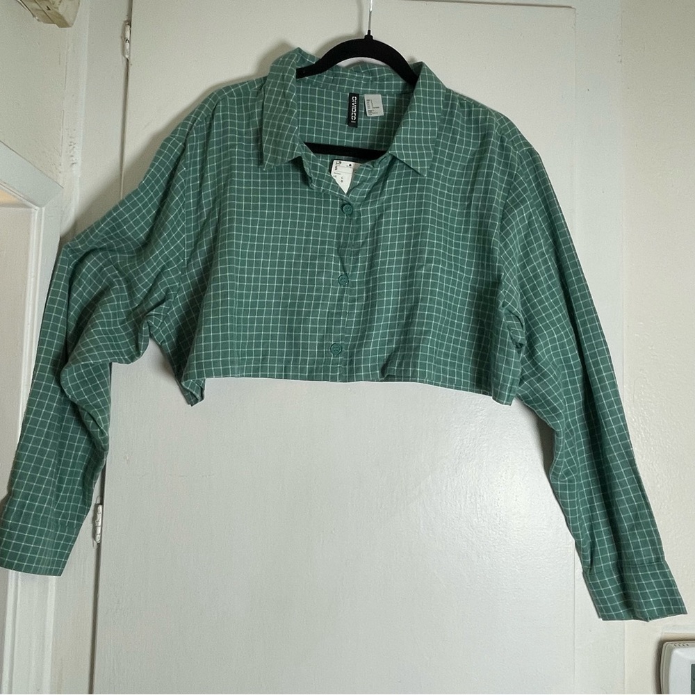 Green Checkered Women's Long Sleeved Cropped Shirt Size L